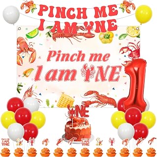 Crawfish First Birthday Party Decorations Boy, Crawfish Boil Pinch Me I’m One Backdrop Banner Cake Cupcake Topper Latex Balloons for Seafood Boil Lobster Birthday Party Decor Supplies