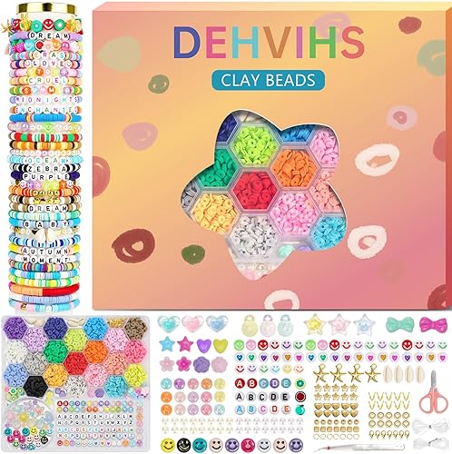 DEHVIHS Kit de cuentas de arcilla, 6000 piezas, kit de fabricación de pulseras de la amistad, 21 colores con 26 tipos de dijes, cuentas heishi de