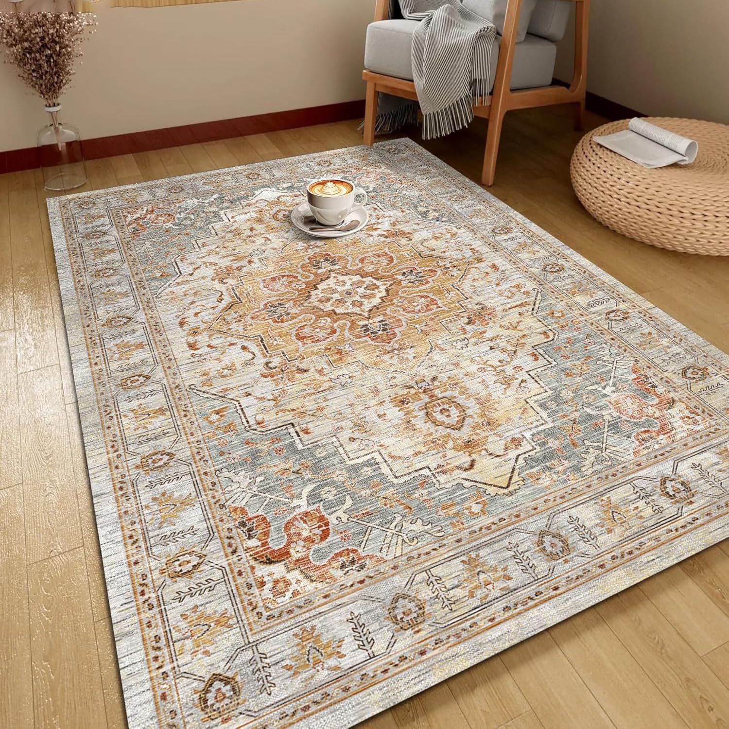 Tapis lavable et antidérapant à motifs géométriques beige et gris