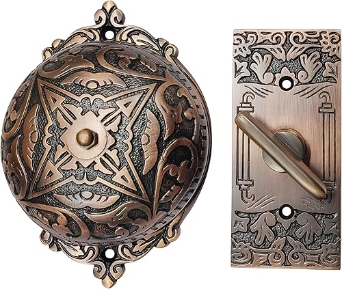 A29 Timbre victoriano giratorio, timbre mecánico con acabado de cobre antiguo, latón macizo, timbre vintage para hogares con timbre manual de giro,