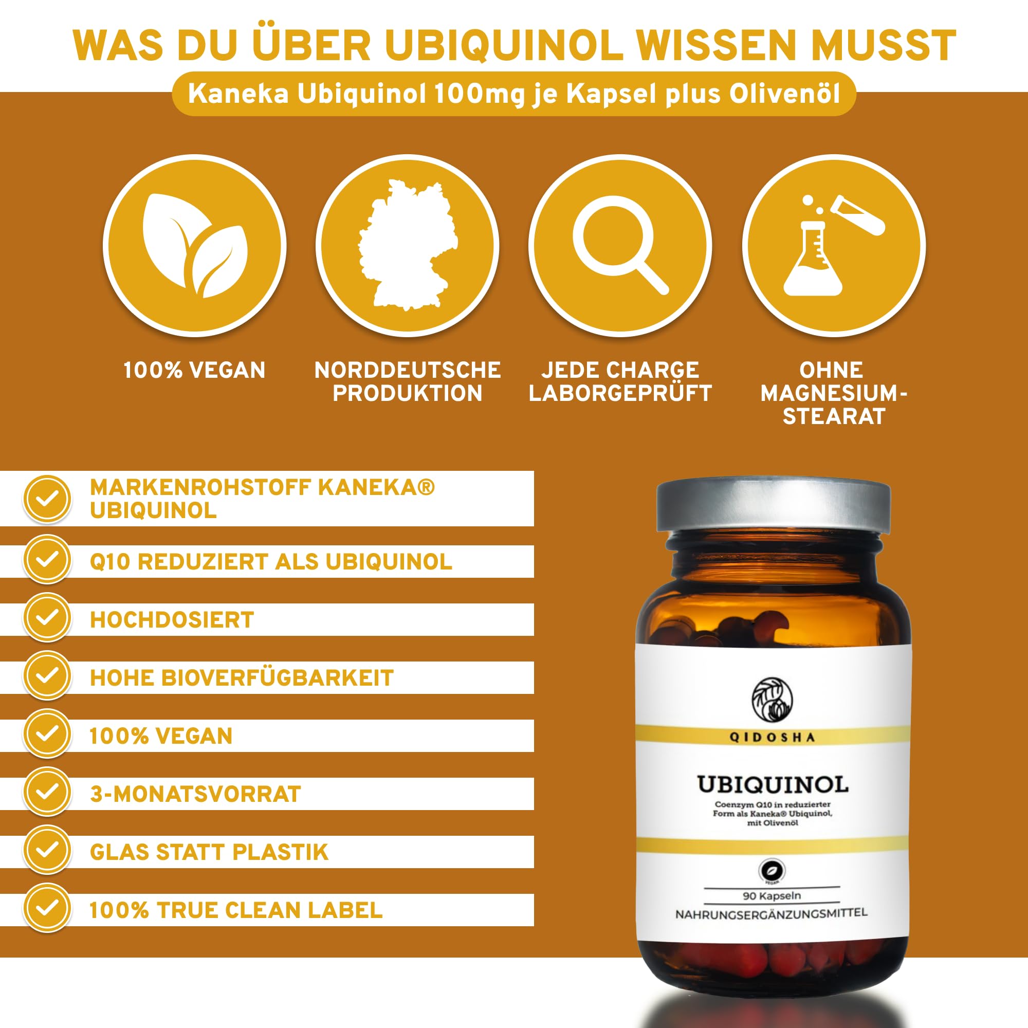 QIDOSHA® Kaneka Ubiquinol, 90 Kapseln, 100mg Ubiquinol je Kapsel, vegane Ubichinol Softgel-Kapseln, Coenzym Q10 flüssig, eingebettet in Olivenöl für optimale Bioverfügbarkeit