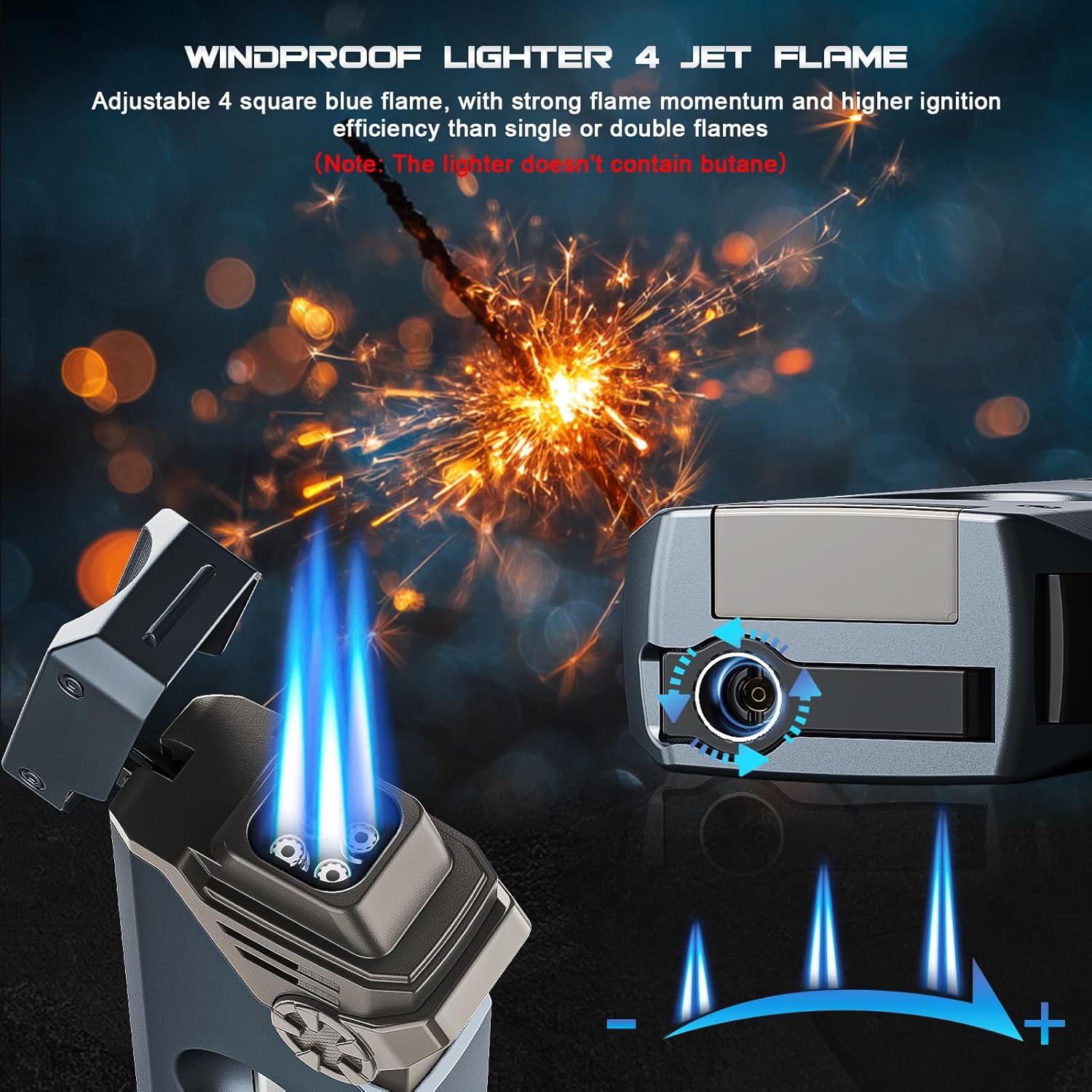 5-in-1 Torch Lighter with Holder, Nubber, Cutter, Punch, Adjustable Windproof 4 Jet Flame, Refillable Butane Lighter, Multi-Functional Lighter Accessories, Men's Elegant Gifts, Travel Outdoors