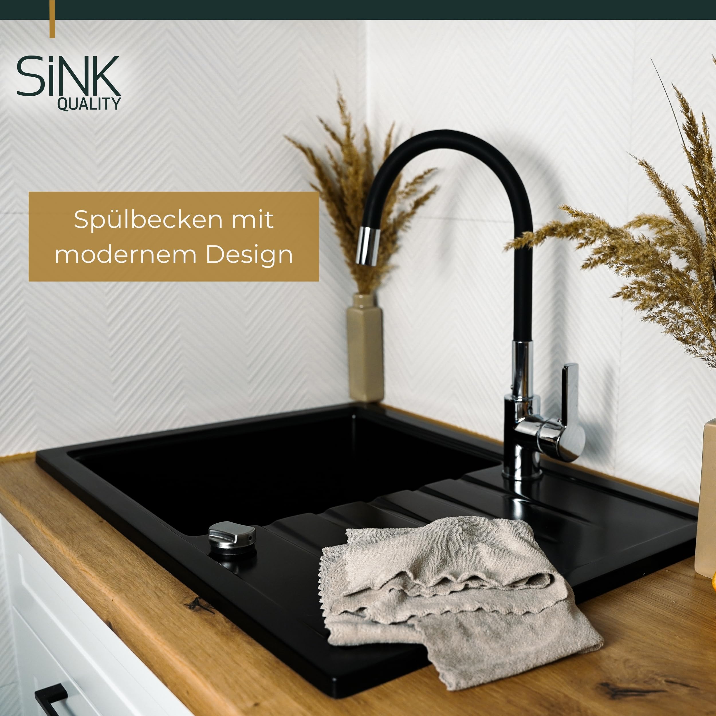 SINK Quality zlewozmywak szary z zestawem armatury 68 x 49,5 cm – zlewozmywak z kranem, syfonem Push i środkiem impregnującym – kompletny zestaw do szafki pod umywalkę z 45