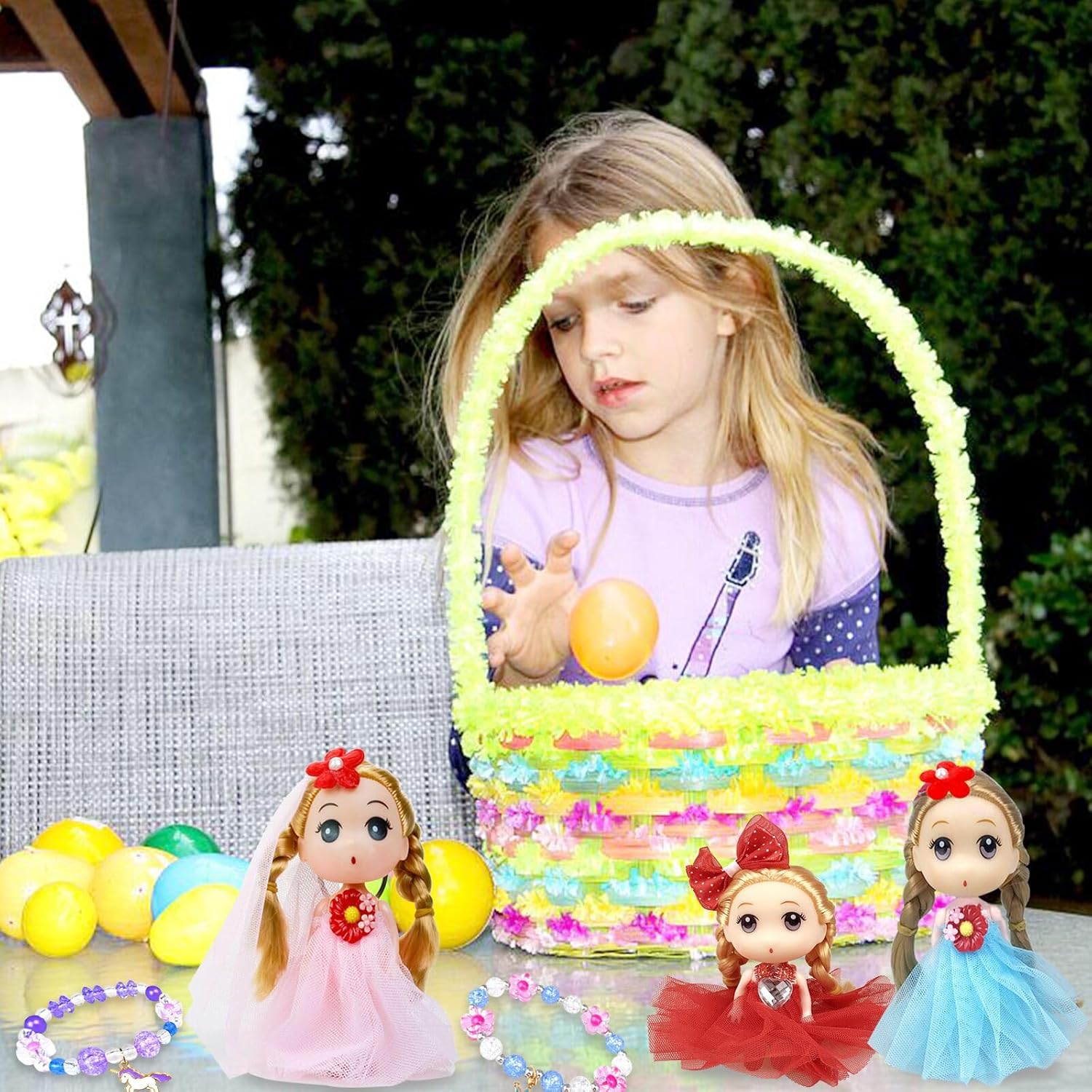 Easter Basket Stuffers Eggs Filled 6 Pack Large Eggs with Cute Dolls and Colorful Bracelets Inside, Gifts for Kids Prefilled Easter Egg Stuffers for Toddler Girls Easter Toys