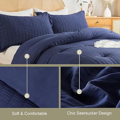 Miniatura 5 de Cosybay Juego de edredón tamaño Queen  Juego de edredón de 3 piezas de sirsaca azul marino, juego de edredón alternativo para todas las estaciones,