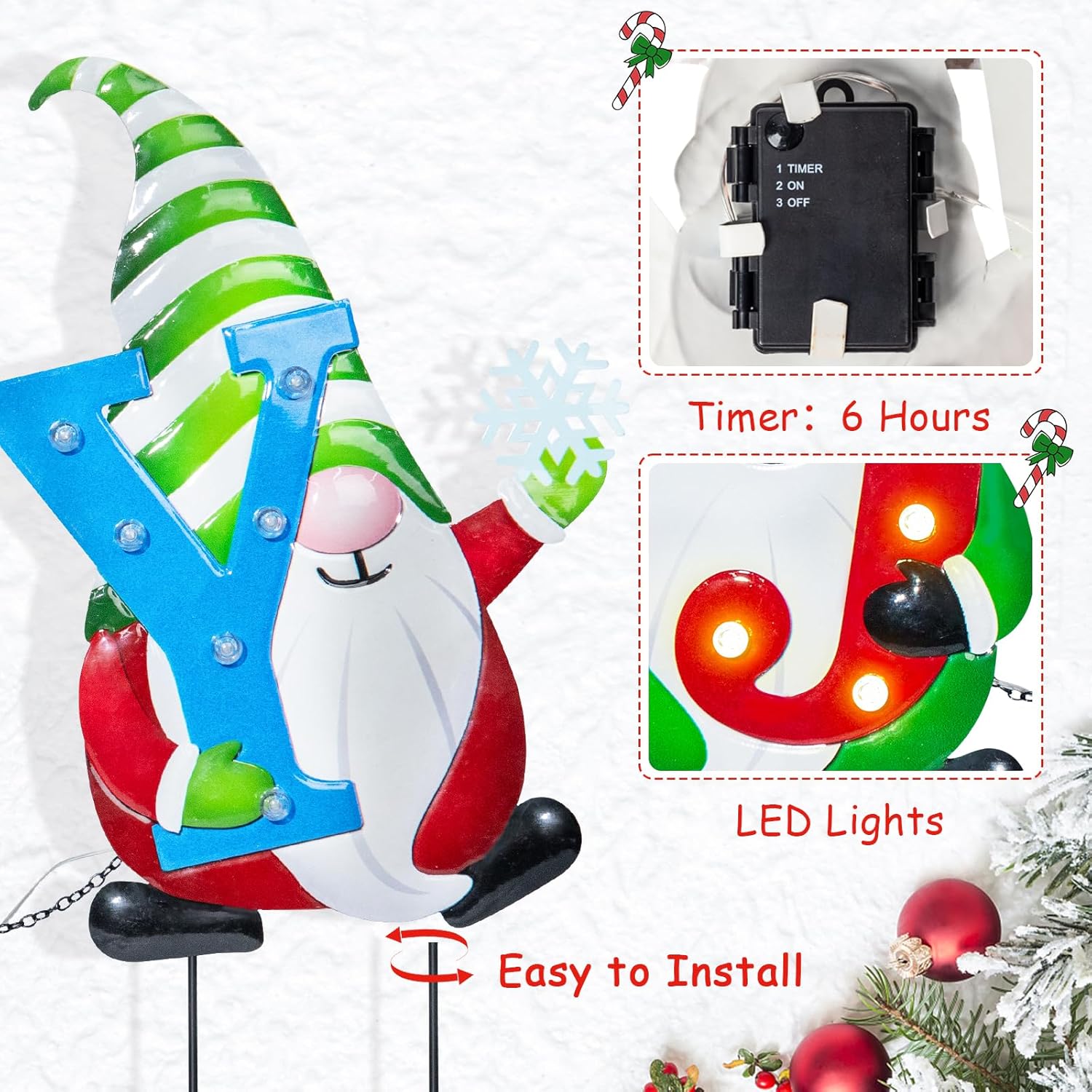 WONDER GARDEN Christmas Yard Stakes, 3 PCS Metal Yard Signs, Xmas Gnomes with Joy and Led Light Christmas Yard Decorations for Lawn Party Decorations