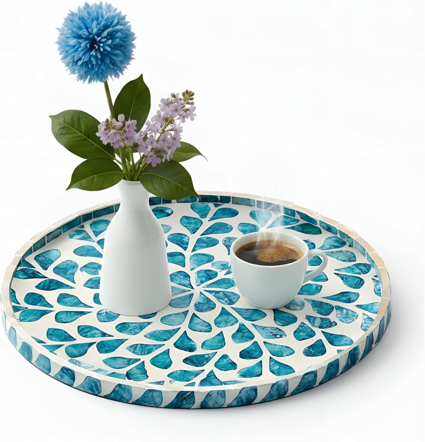 Chunful Mother of Pearl Round Serving Tray Wood Coffee Table Tray 10.4 Inch for Tea Breakfast Kitchen Cabinet(Teal Floral Style)