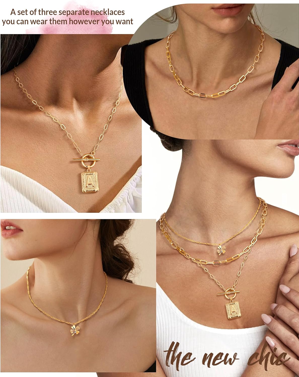 MJartoria Layered Clover Necklaces for Women Trendy, 14K Gold Plated Simple Initial Necklace Square Letter Pendant, Paperclip Chain, Gold Necklace Jewelry Gifts - Image 3