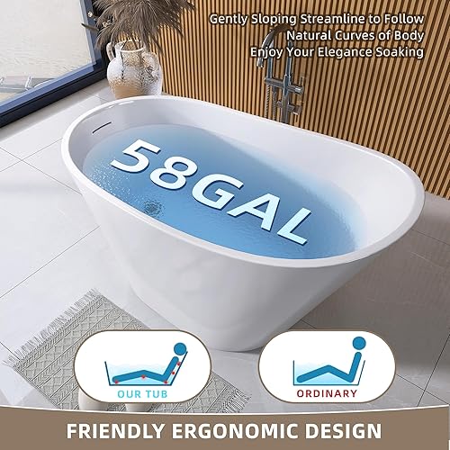 Miniatura 6 de GETPRO Bañera de pie independiente de acrílico de 67 pulgadas, bañera independiente de forma ovalada, bañera ajustable sola con desbordamiento