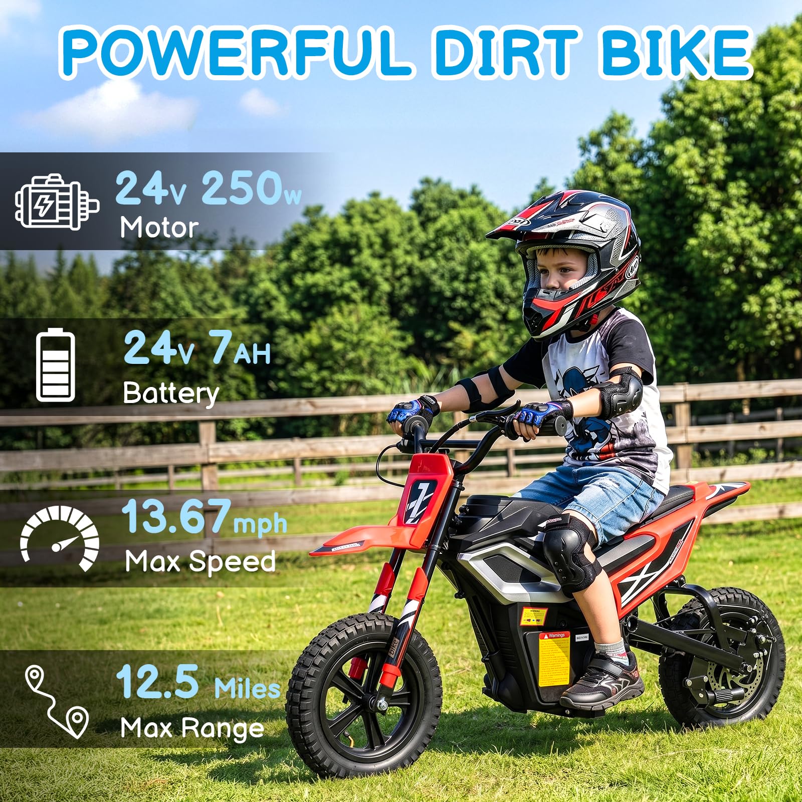 LALAHO Vélo tout-terrain électrique 24 V pour enfants, rouge | Moto électrique avec moteur 250 W, jusqu'à 14 km/h, moteur à chaîne, Bluetooth, accélérateur Thwist-Grip et frein arrière