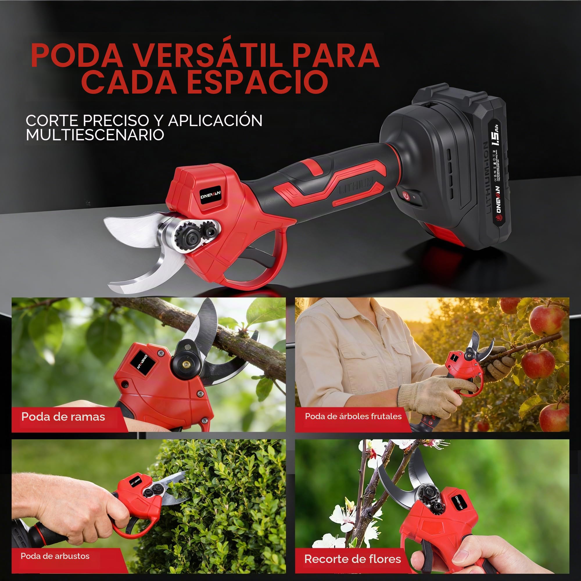 ONEVAN Tijeras de podar a batería, Tijeras de podar eléctricas para árboles 25mm diámetro de corte, Sin escobillas, Inalámbricas y ligeras, incluye 2x1,5Ah baterías, Cuchillas SK5, tijeras de jardín