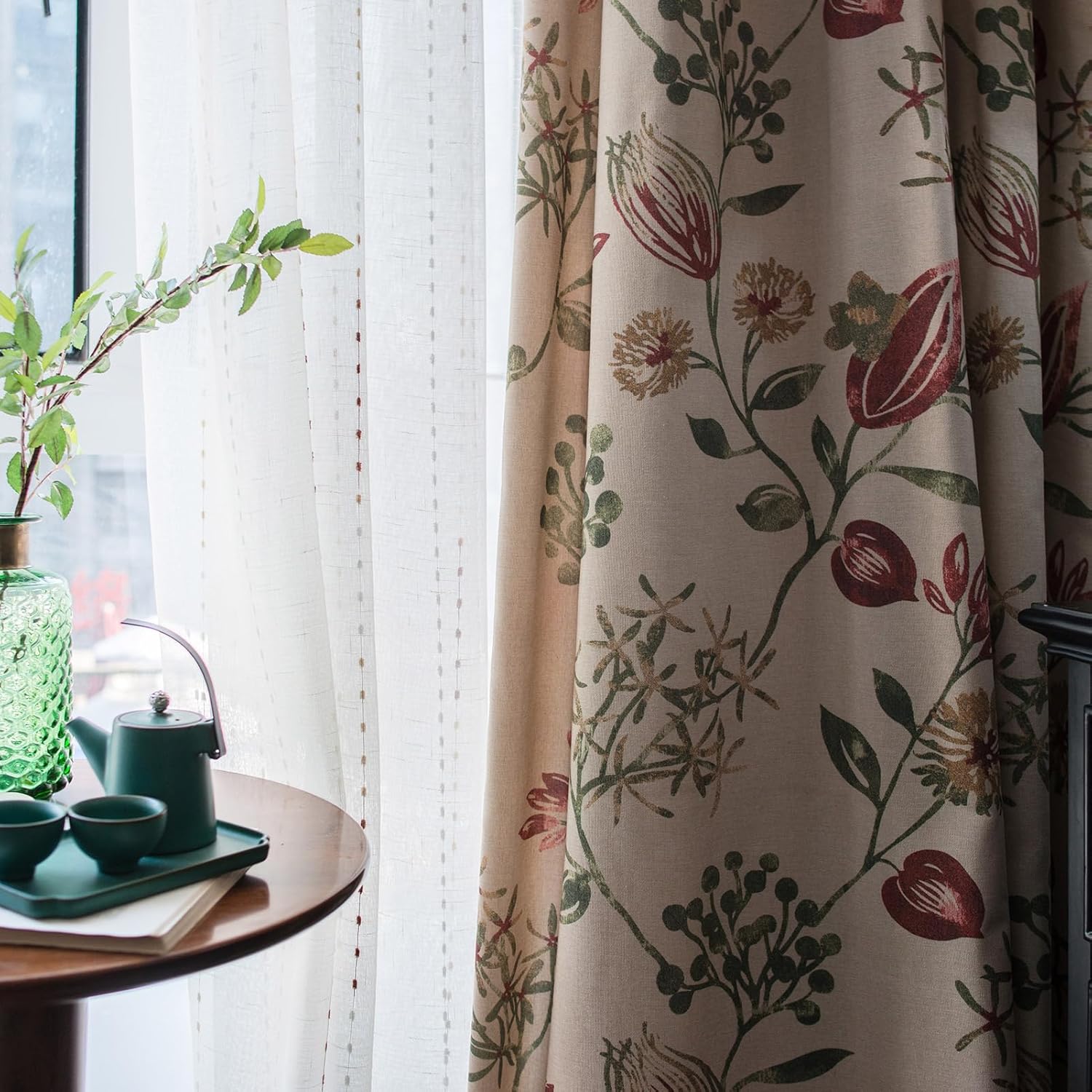 Red Floral Curtains Linen Textured for Bedroom Printed Green Vine Farmhouse 96 inches Long 2 Panels Light Filtering Window Drapes Grommet for Living Room