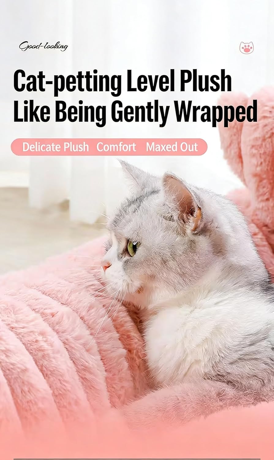Plush Calming Pet Sofa Bed, Fluffy Dog & Cat Couch Bed with Raised Rim, Removable Washable Cover & Non-Slip Bottom, Soft Anti-Anxiety Pet Bed (Pink, S)