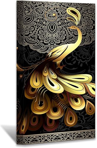 Miniatura 118 de Looife Lienzo decorativo para pared de pavo real, 16 x 32 pulgadas, pájaros verde azulado con flores, decoración de pared para decoración de DW148