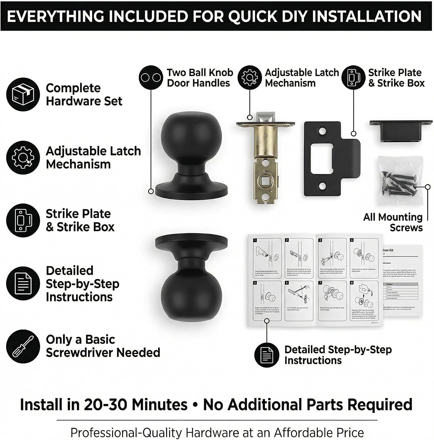 Black Round Ball Door Knobs, Matte Black | Without Lock, For Hallway Closet Pantry, Interior Door Knob Set, Easy Install, Non Locking