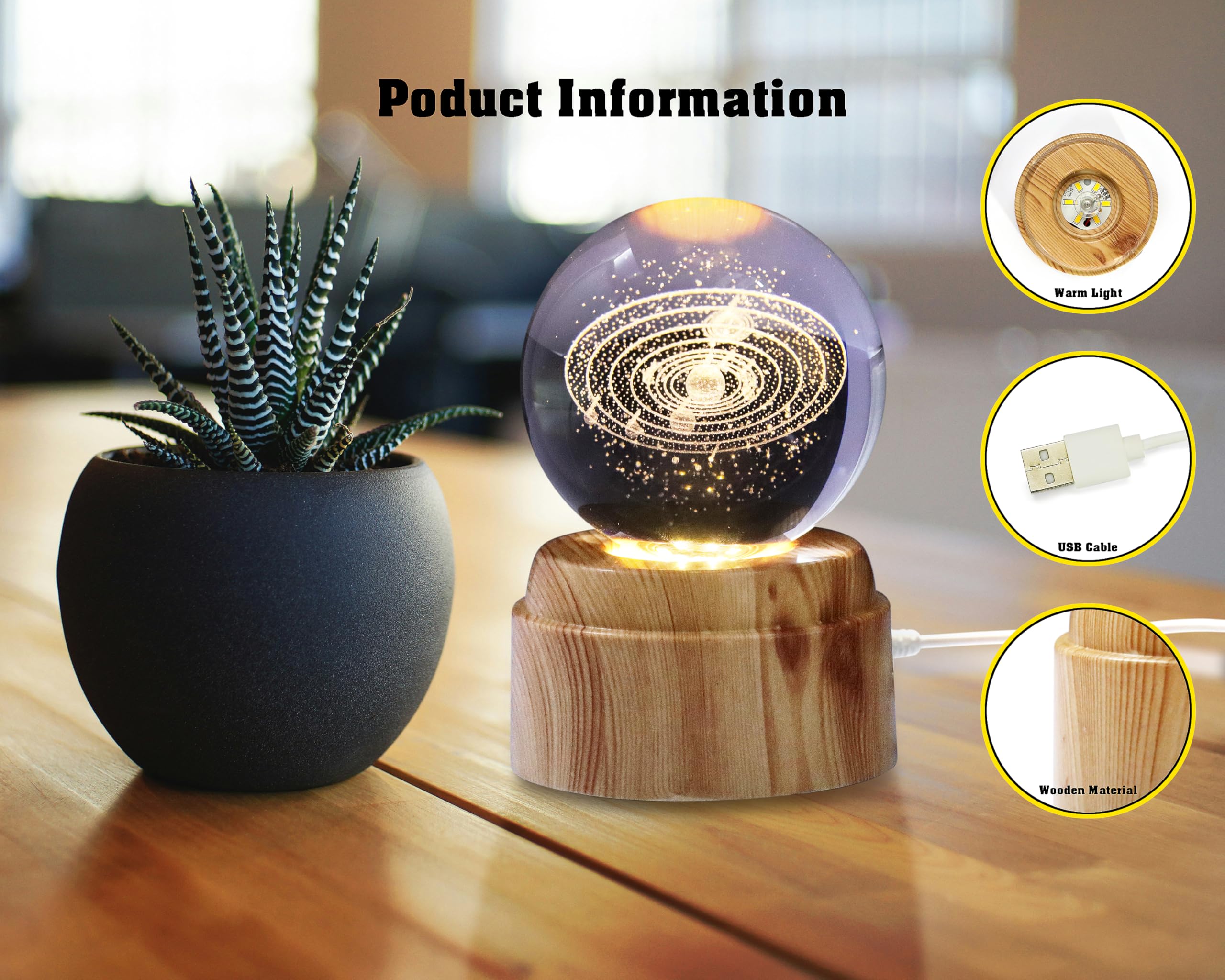 3D Crystal Earth Ball With Rotating LED Base - 80mm Diameter, Physics Gift, Desk Decor - View #7