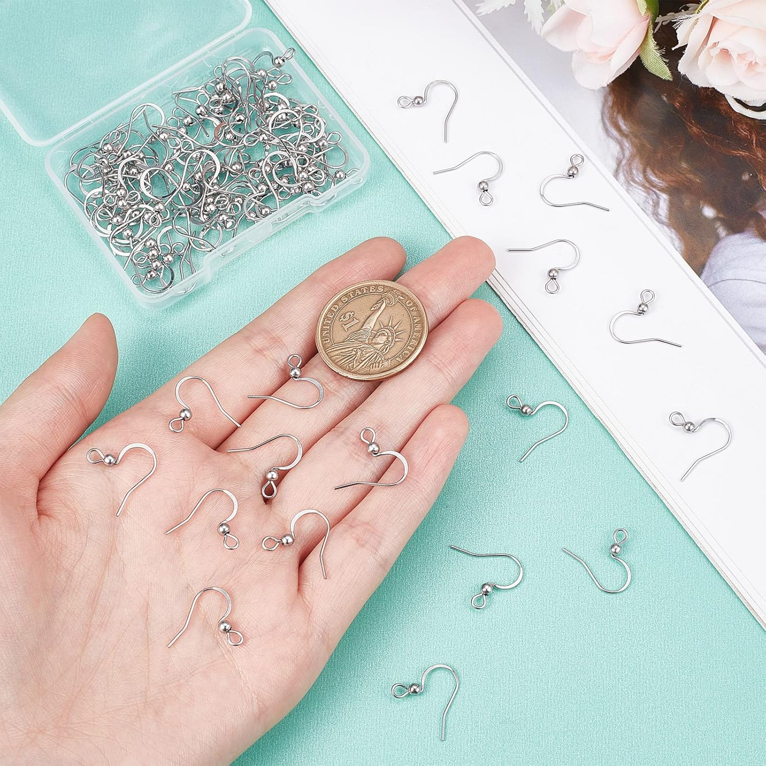 SUNNYCLUE 1 Box 100Pcs 304 Stainless Steel Earring Hooks Fish Hook Earring Wires Silver Earring Findings Ball Dot Earwires French Ear Hooks for jewellery Making Women Adults DIY Dangle Earrings Crafts - Image 3