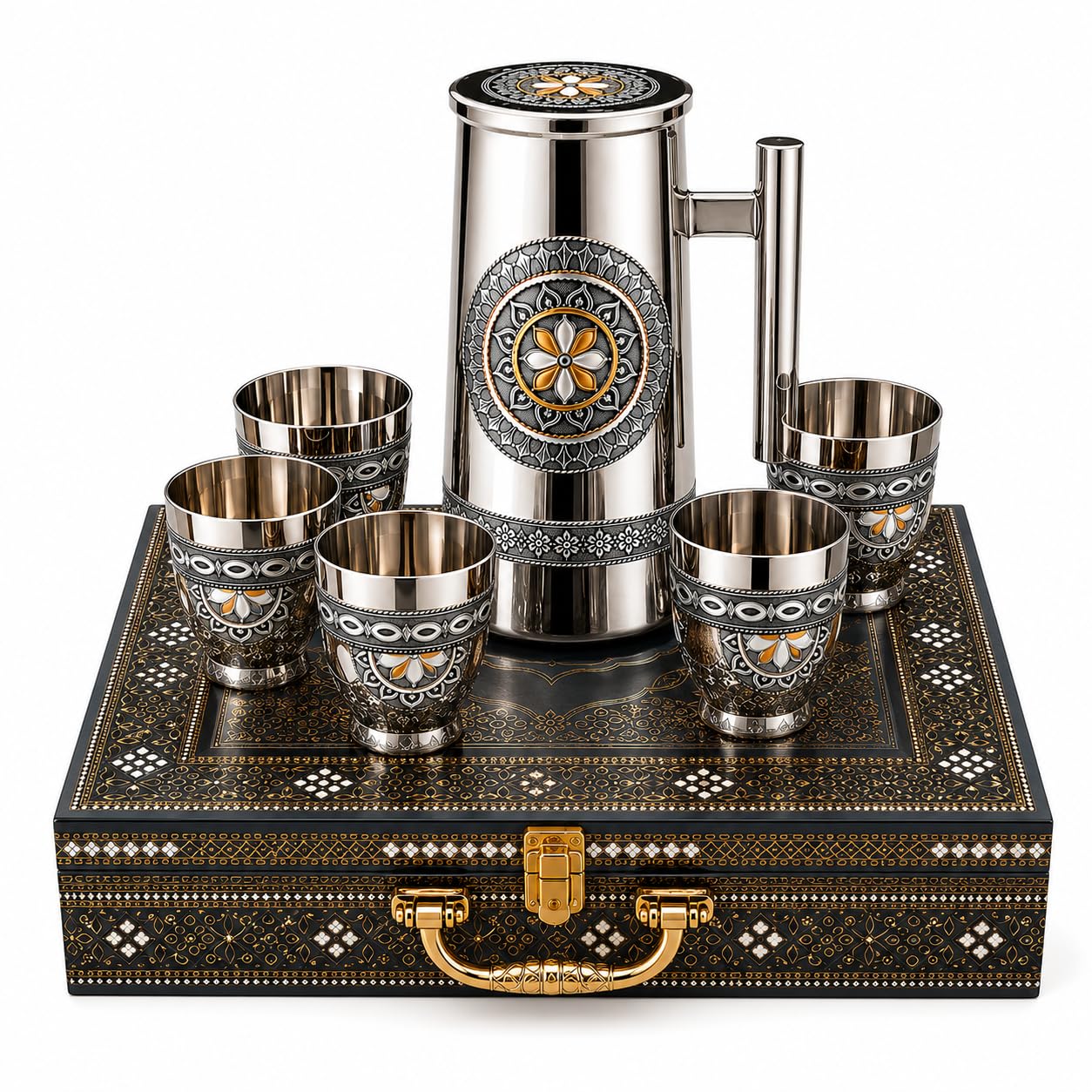 Stainless Steel Jug and Glasses Set, 7-Piece, Silver & Gold Finish