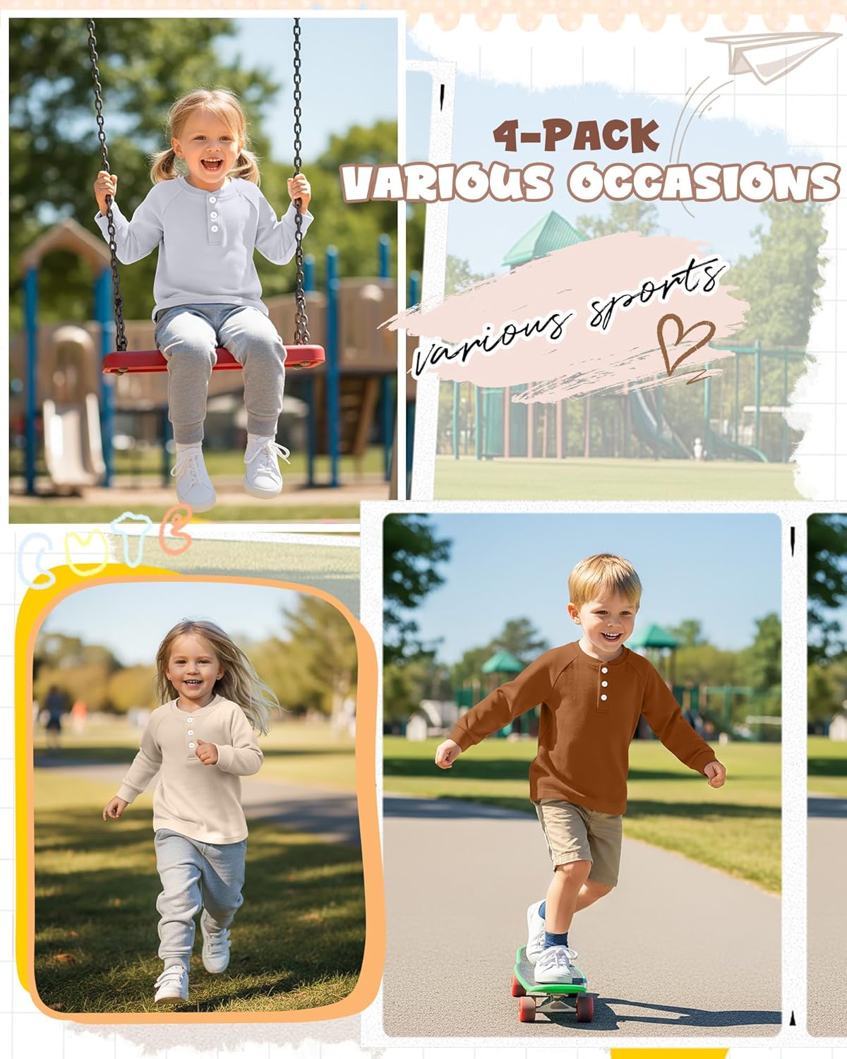 4 Pack Toddler Boys Girls Thermal Long Sleeve T-Shirts Henley Undershirt Top Basic Layer Long Sleeve Fleece T-Shirt - Image 2