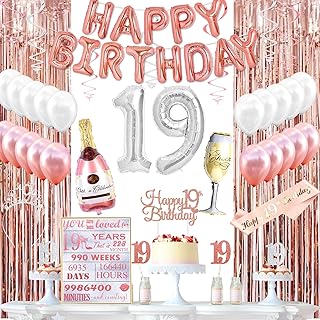 KeaParty 19th Birthday Decorations for Her, 19th Birthday Party Decorations Supplies Kit, 19th Birthday Crown, 19th Birthday Sash, 19th Birthday Cake Toppers, Rose Gold 19th Birthday Decorations.