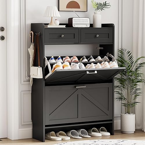 Miniatura 1 de Zapatero con 2 cajones abatibles y 2 cajones superiores, 43 pulgadas de alto, organizador de almacenamiento de zapatos estrecho de madera para