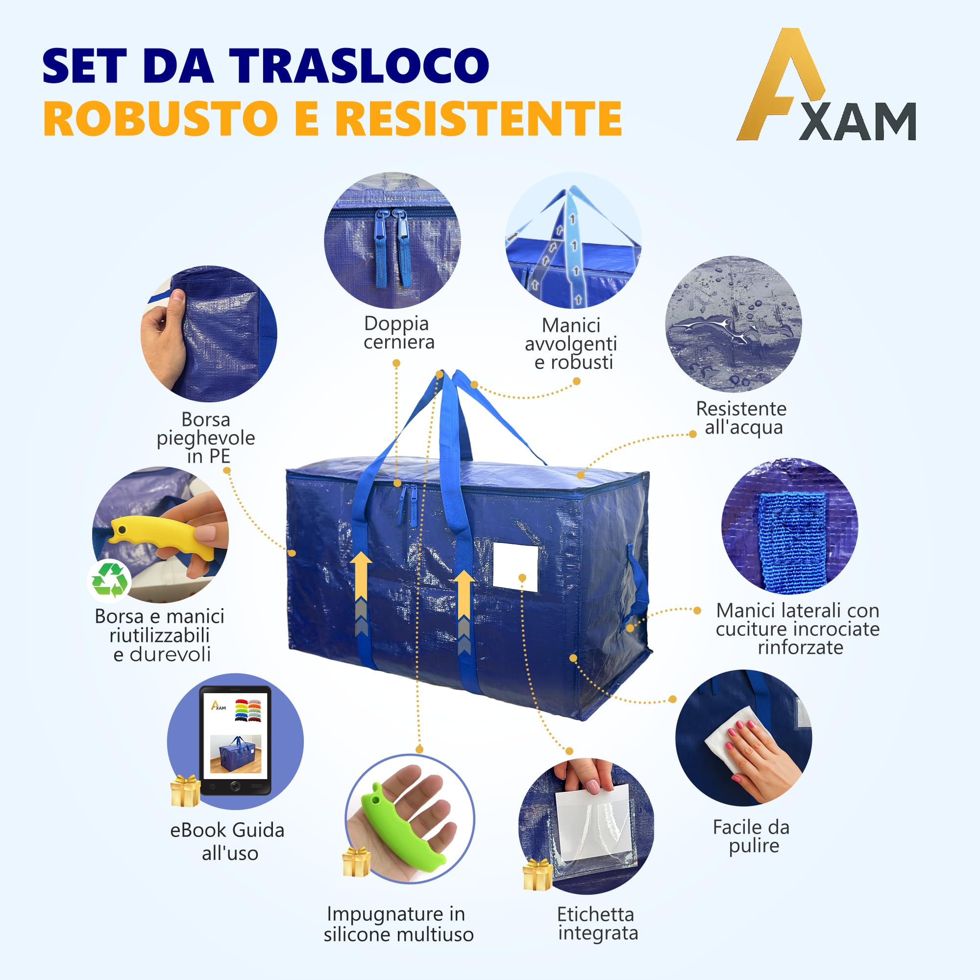 AXAM Borse per Trasloco XL 91 L [LOTTO-10] – Sacchi Portaoggetti Ultra Resistenti con Manici Comfort in Silicone – Alternativa Ecologica ai Cartoni – Pieghevoli, Impermeabili e Impilabili
