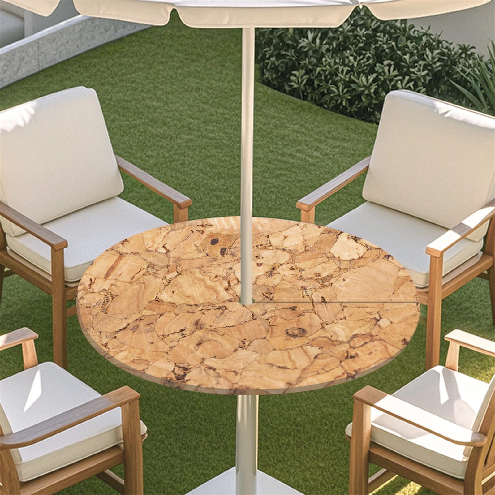 Fasbuy Outdoor Round Tablecloth with Parasol Hole and Zipper, Woodgrain Table Cloth Waterproof, Damask Ceramic Tile Mandala Wipeable Tablecloths Elastic Edge for Patio Garden (Tree,M)