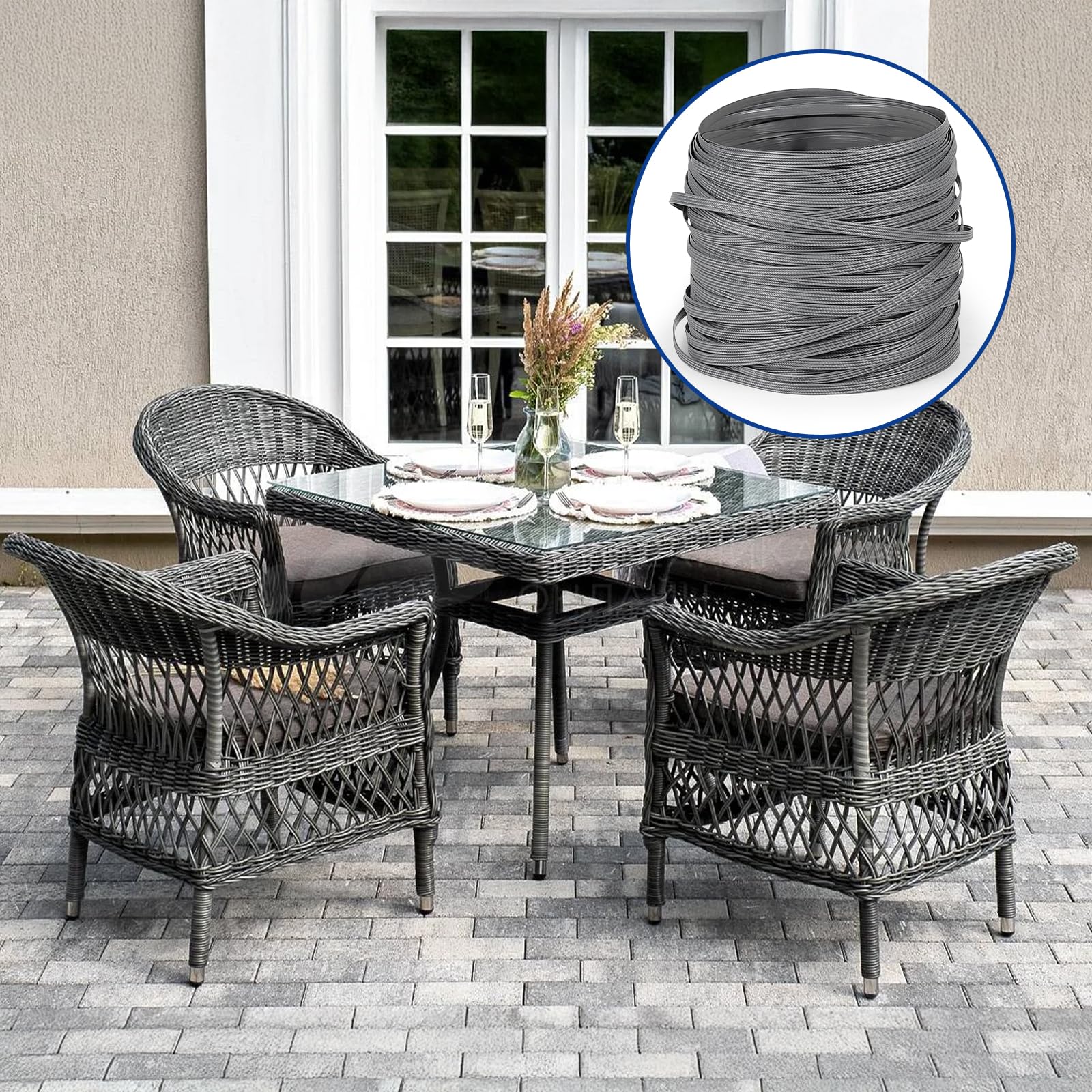 DBREAKS 65 m Material de Reparación de Ratán Tejido de Plástico, ratán Tejido Plástico Kit de Reparación, PE, para Muebles, Banco, Sillas, Muebles de Jardín (Gris)