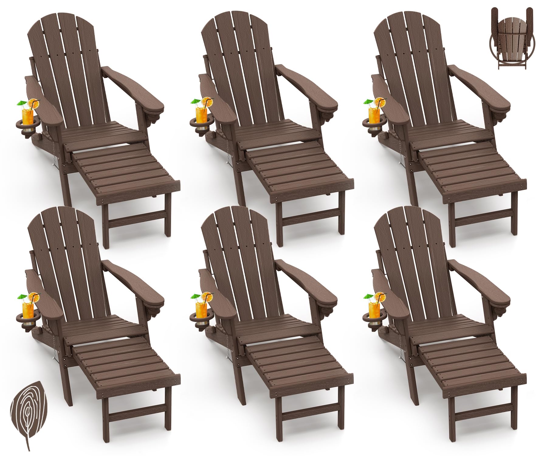GREENVINES Adirondack-Chairs-with-Ottoman | Set of 6 | Wood Grain | Dark Brown | Folding | Retractable-Footrest | HDPE Plastic | All Weather Fire Pit Chair | Cup Holders | for Outdoor Poolside
