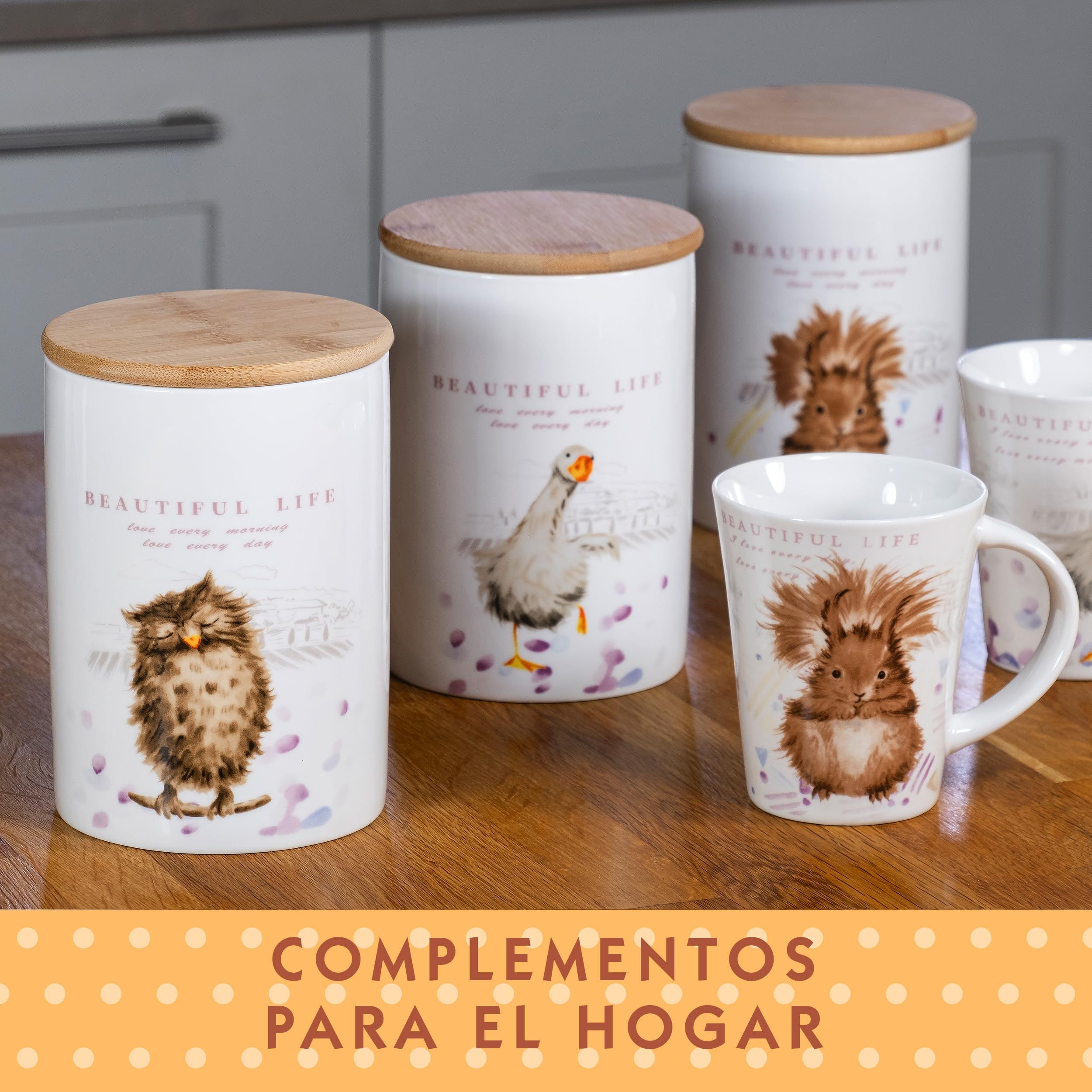 SPOTTED DOG GIFT COMPANY Juego de 3 Botes Cocina Almacenaje de Cerámica con Estampado de Ardilla Búho Ganso, Recipientes Herméticos para Alimentos con Tapa, Regalo para Amantes Animales