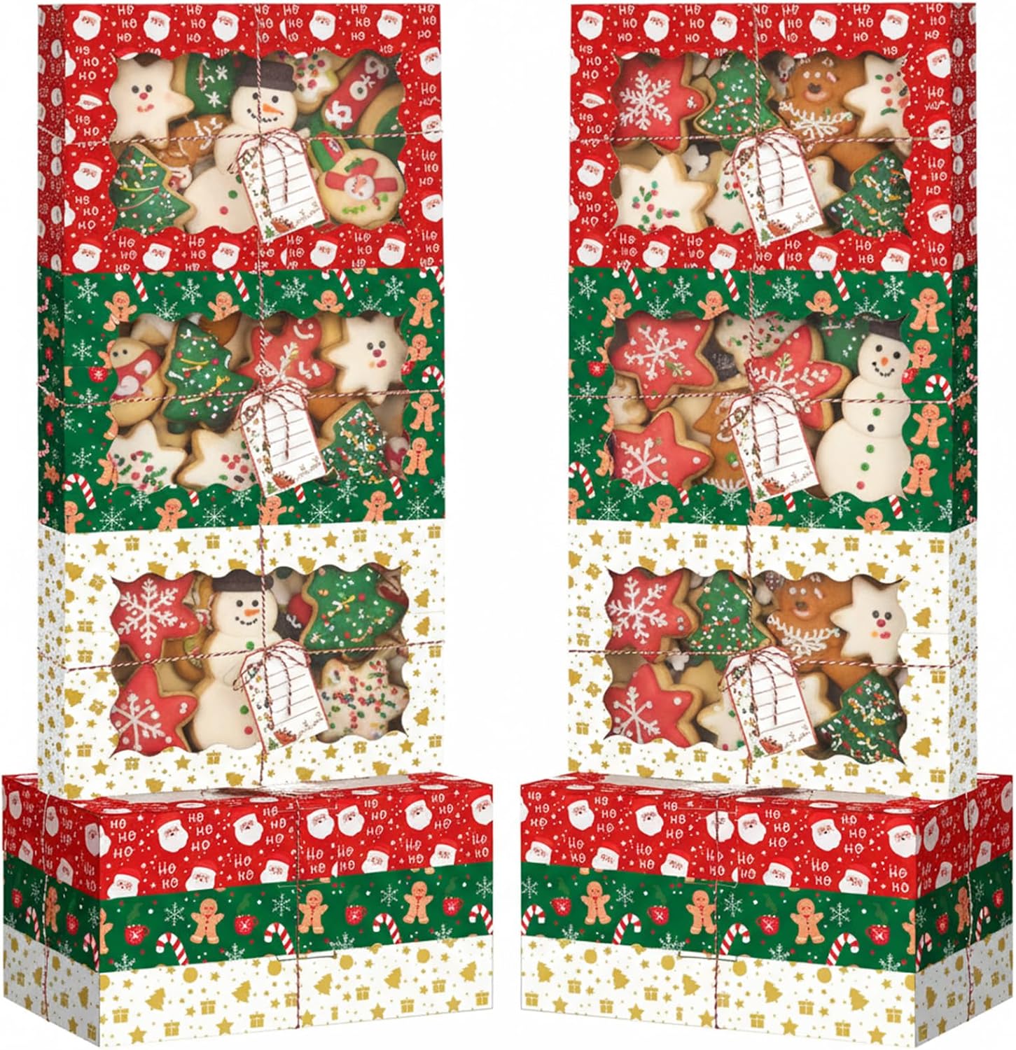 Ctosree 12 Pack Large Christmas Cookie Boxes 15 x 10 x 2.8 Inch Cookie Tins with Lids DIY Tag and Rope for Gift Giving Bakery Treat Box with Window Holiday Pastry Container Xmas Party Favor(Cute)