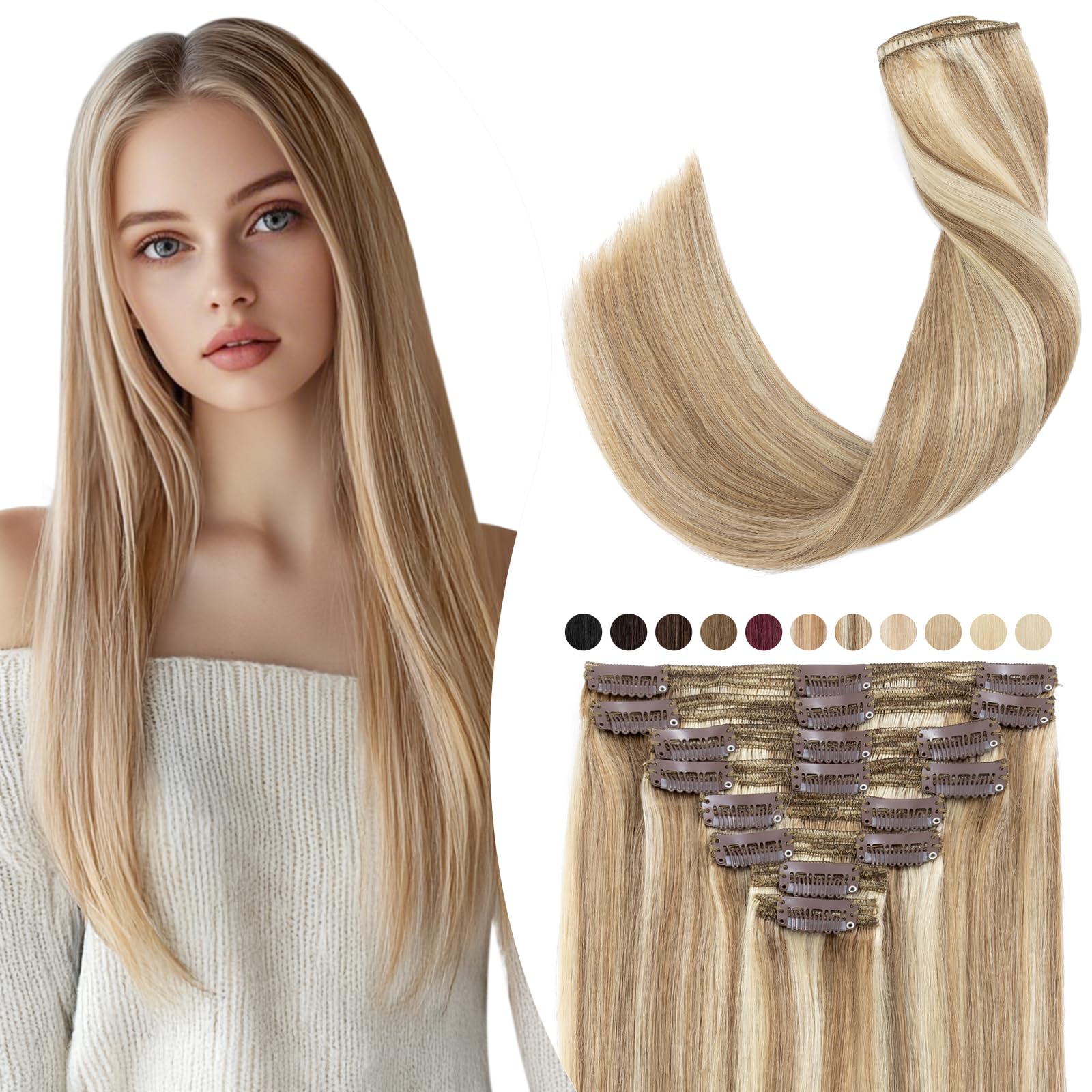 Elailite Extensiones de Clip de Pelo Natural Gruesas #12P613 Castaño Dorado Mecha Rubio Muy Claro, 8 Piezas Largas Cabello Humano 50cm (150g)