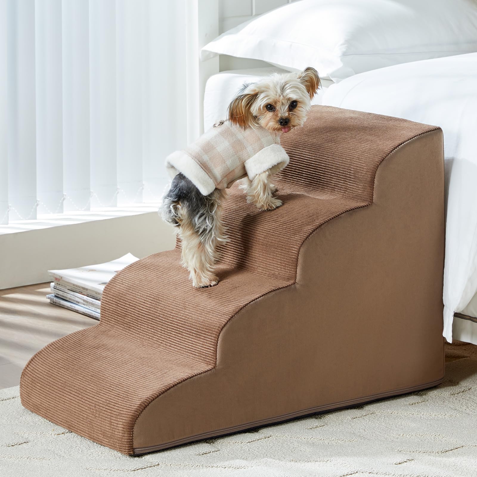 LEXTRO Dog Stairs for Bed, 4-Steps Dog Ramp for Bed, Pet Stair with Highly Supportive Foam and Non-Slip Bottom, Pet Stairs for Large Dogs and Medium