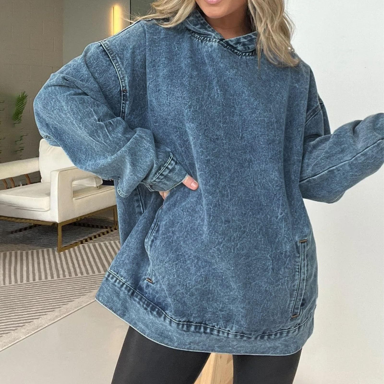 Sudadera Vaquera con Capucha, Holgada, Elegante, Informal y versátil