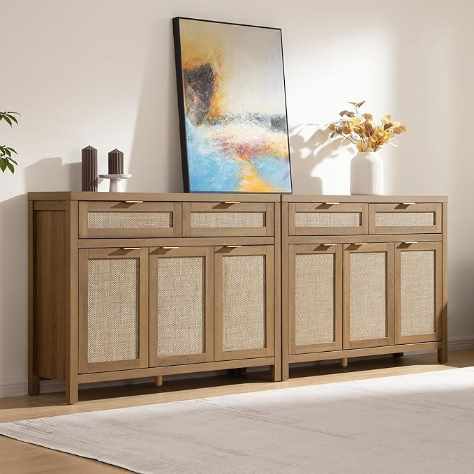 SICOTAS Rattan Sideboard Buffet Cabinet with Storage, Boho Credenza Accent Cabinet with 3 Doors and 2 Drawers, Farmhouse Console Coffee Bar for Kitchen Living Room Entryway, Light Oak, 2 PCS
