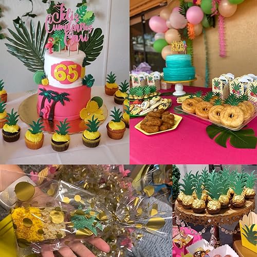 Miniatura 6 de Honbay 48 piezas de decoración para cupcakes con temática tropical y hojas de piña brillantes para donas, cupcakes, pasteles, chocolate