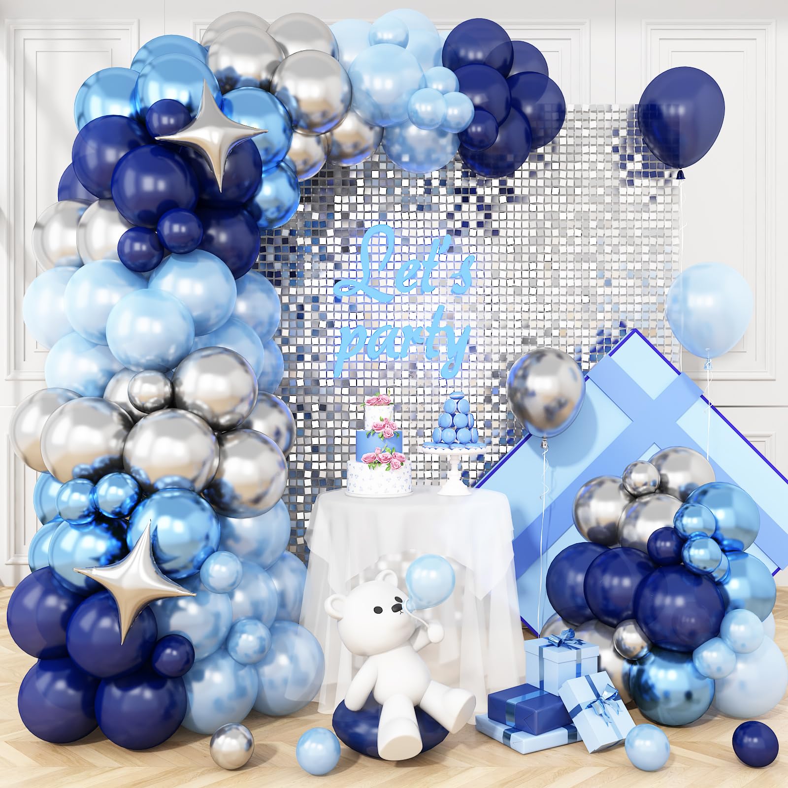 Blue Silver Balloon Arch Kit with Star Foil Balloon, Metallic Chrome Silver and Blue Latex Balloons Pearl Baby Light Dark Royal Blue Party Balloons