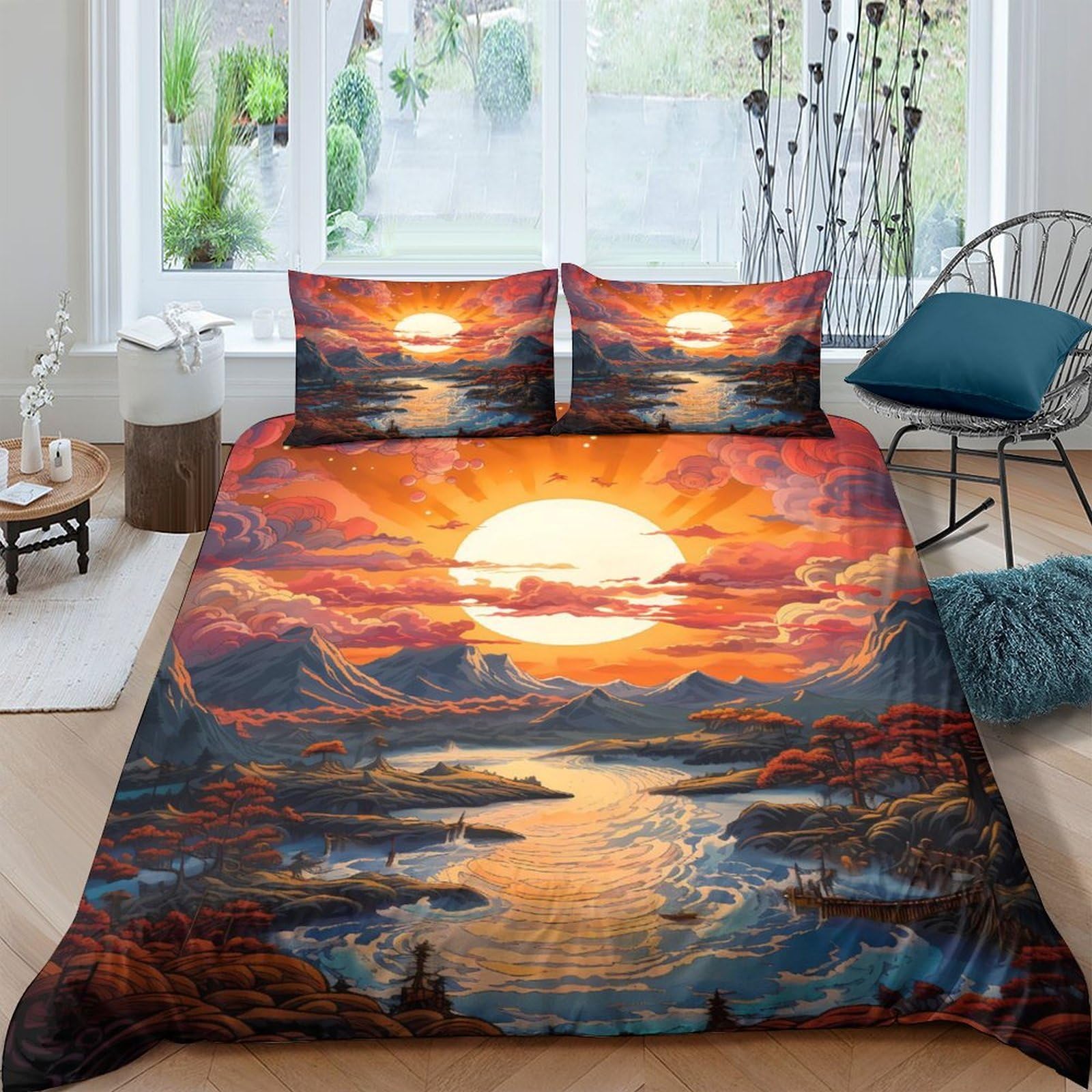 Ctjqhvkz Style-6 3D Printed Sunset Landscape Fitted Sheet Microfiber Soft Breathable Ocean View Mattress Cover Bedroom Decor Single（135X200cm）