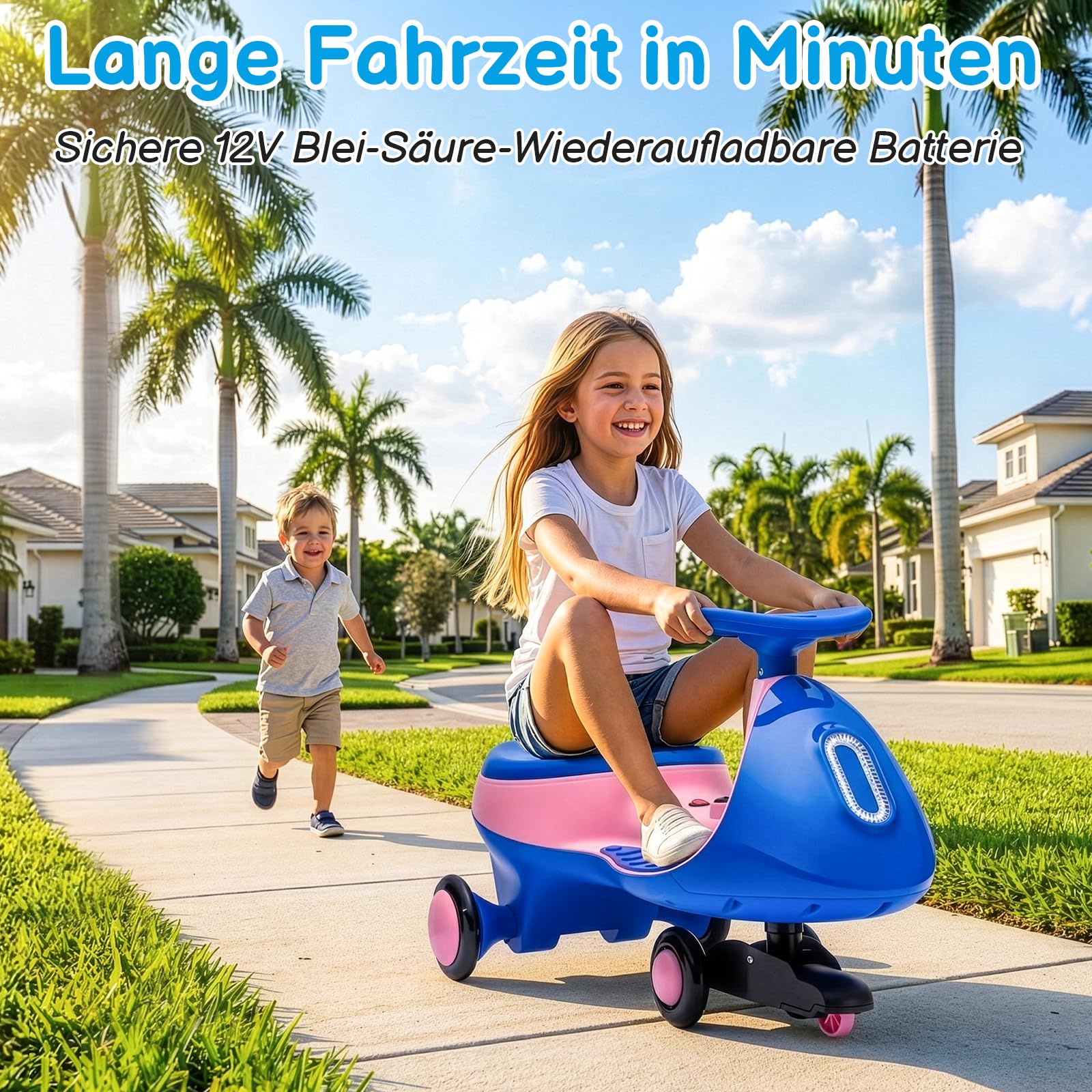 LALAHO Auto elettrica per bambini, 12 V, con pedale, auto elettrica a 2 velocità, protezione antiribaltamento, Bluetooth, per bambini dai 3 anni in su (blu e rosa)