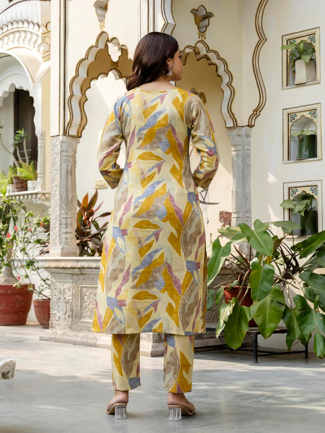 TRENDMALLS Women's Cotton Slub Magic Printed Kurta Pant Embroidery Neck Work Kurta Set (E58-Yellow-L)