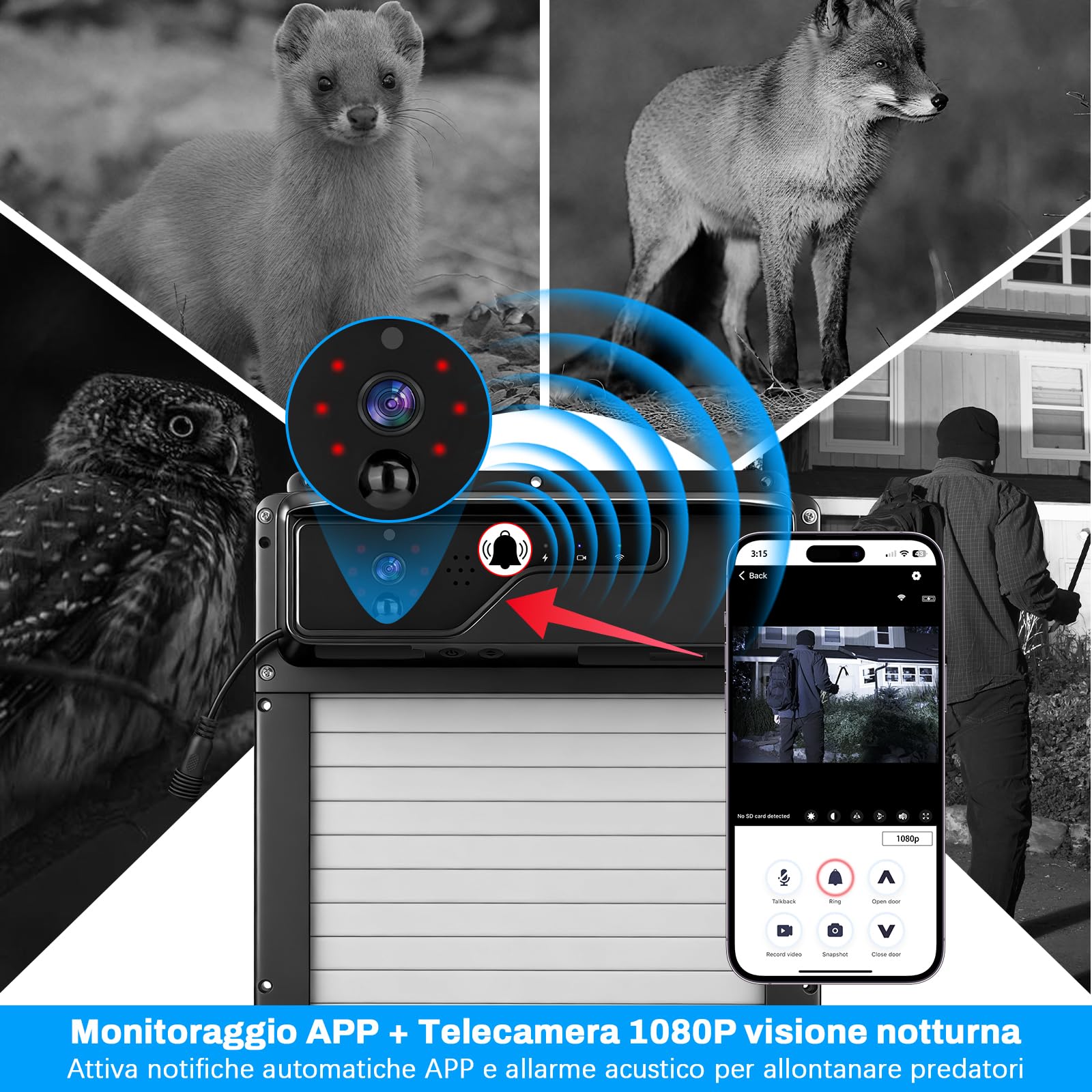 Porta Automatica per Pollaio Solare, con fotocamera 1080P, controllo app e Wi-Fi, visualizzazione in tempo reale dello stato della porta, funzione di chiamata vocale e timer, batteria da 5000 mAh