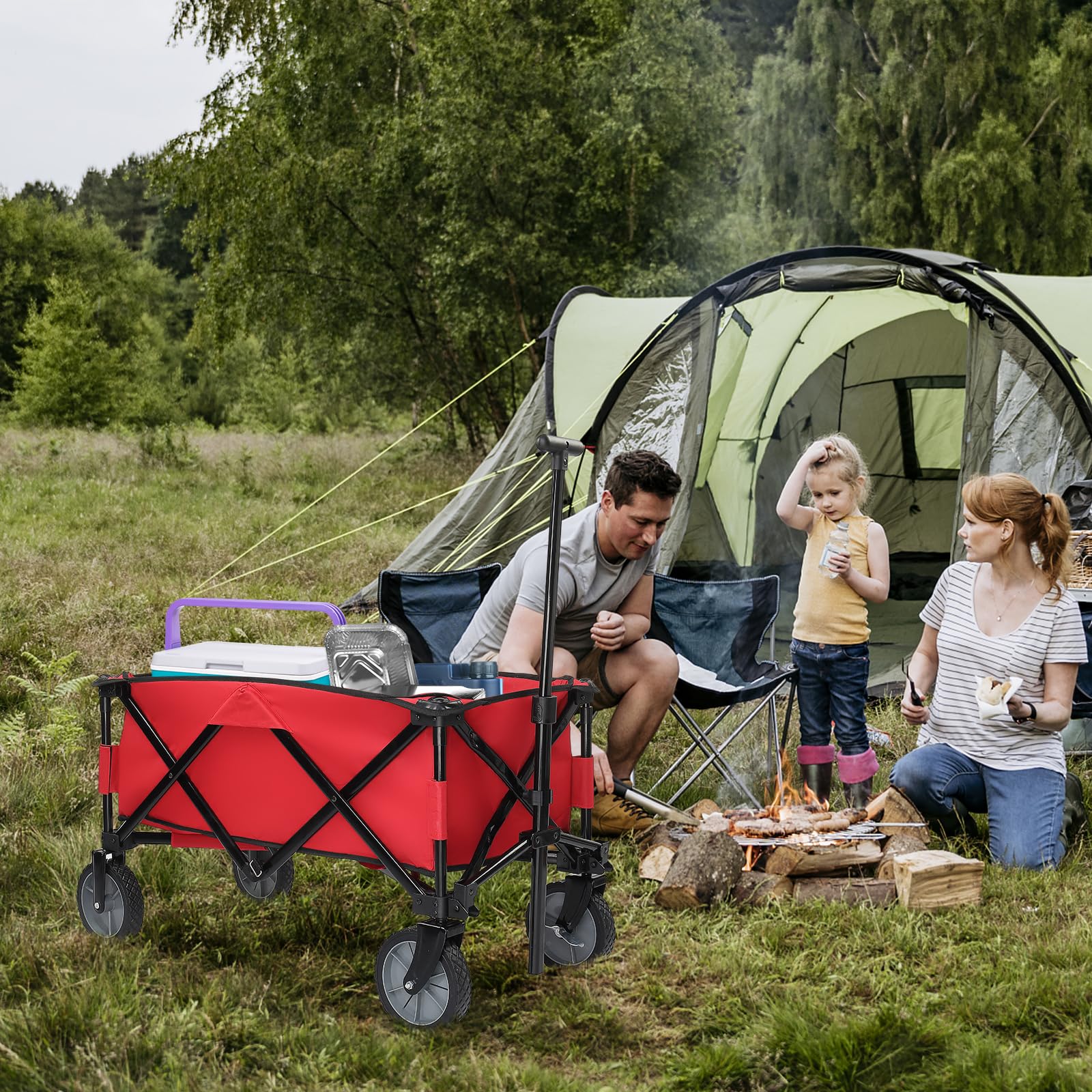 Outvita Chariot de Plage Pliable, Chariot à roulettes Tout Terrain pour Extérieur Camping、Jardin | Capacité 100 kg | Poignée Réglable - Rouge