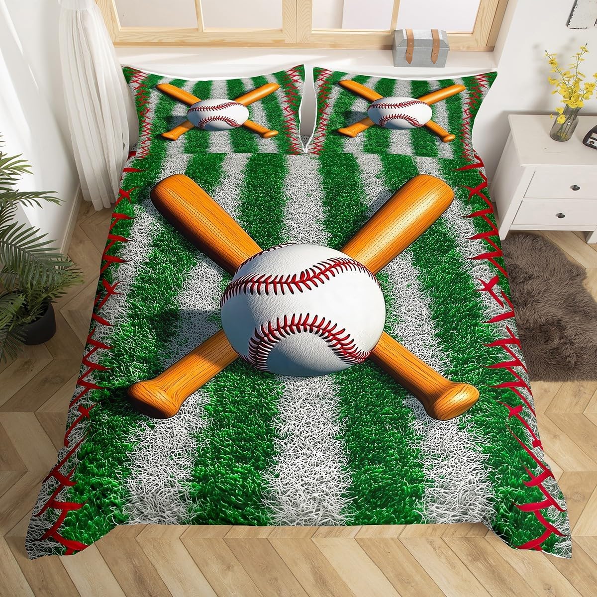 Castle Fairy Sports Baseball Duvet Cover Set Toddler Size,Green Baseball Field Bedding Set(No Comforter),3D Baseball Quilt Cover for Kids Bedroom Decor,2 Pcs