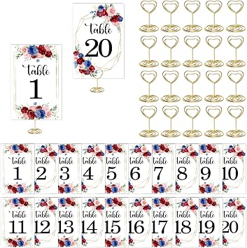 Floral Wedding Table Numbers 1-20 with 20Pcs Gold Table Card Holders - 4"x6" Burgundy and Navy Blue Place Card Centerpiece Decorations for Wedding Bridal Shower Party Reception