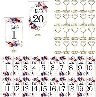 Floral Wedding Table Numbers 1-20 with 20Pcs Gold Table Card Holders - 4"x6" Burgundy and Navy Blue Place Card Centerpiece Decorations for Wedding Bridal Shower Party Reception