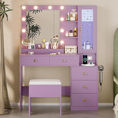 Escritorio de tocador con espejo y luces, tocador de maquillaje morado con 5 cajones, organizador de joyas oculto y gabinete de cristal LED, 3 modos