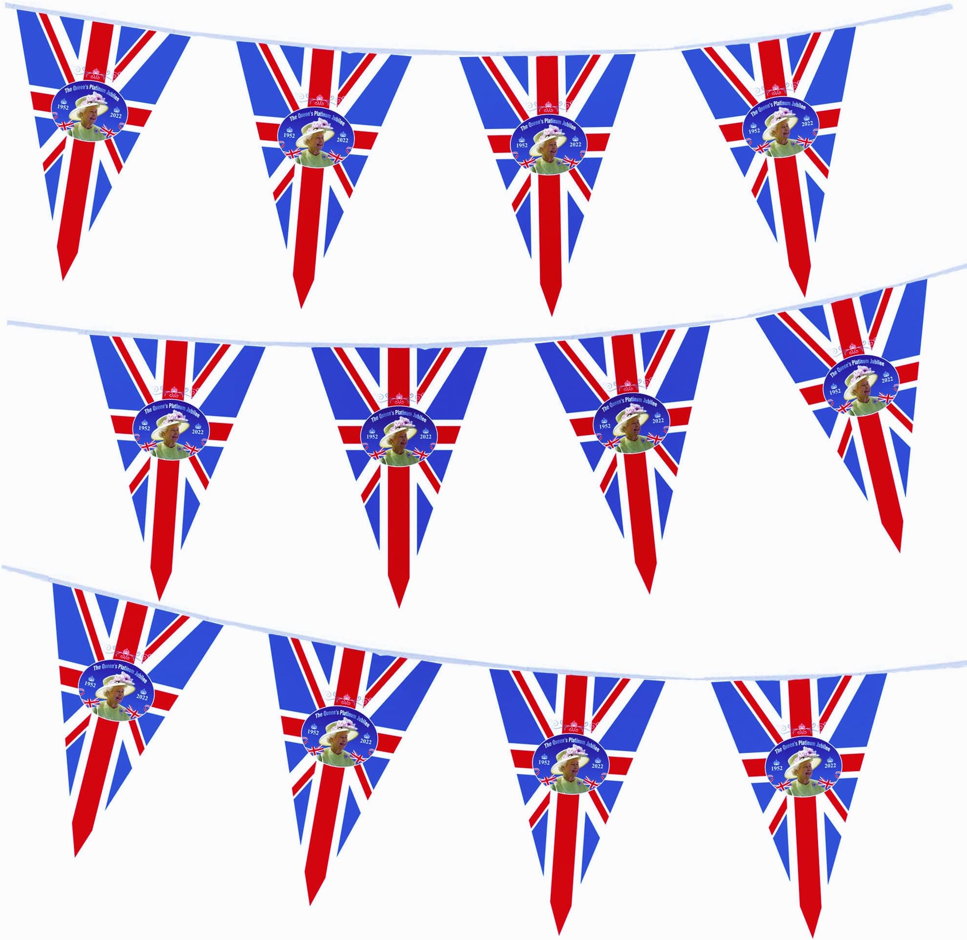Queen Platinum Jubilee Fabric Bunting Banner,Queens Jubilee 2022 Decorations,32ft Union Jack Party UK Bunting Banner With 30 Triangle Flags for Patriotic Street,70Years Queen Jubilee Party Decoration
