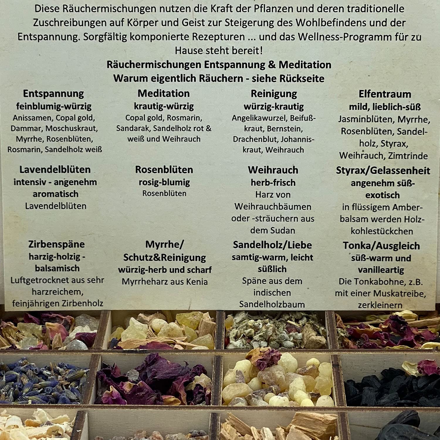 Caja de regalo Räucherbox con 12 variedades de mezclas de incienso para dejar ir y meditación, 14 x 10 x 4 cm