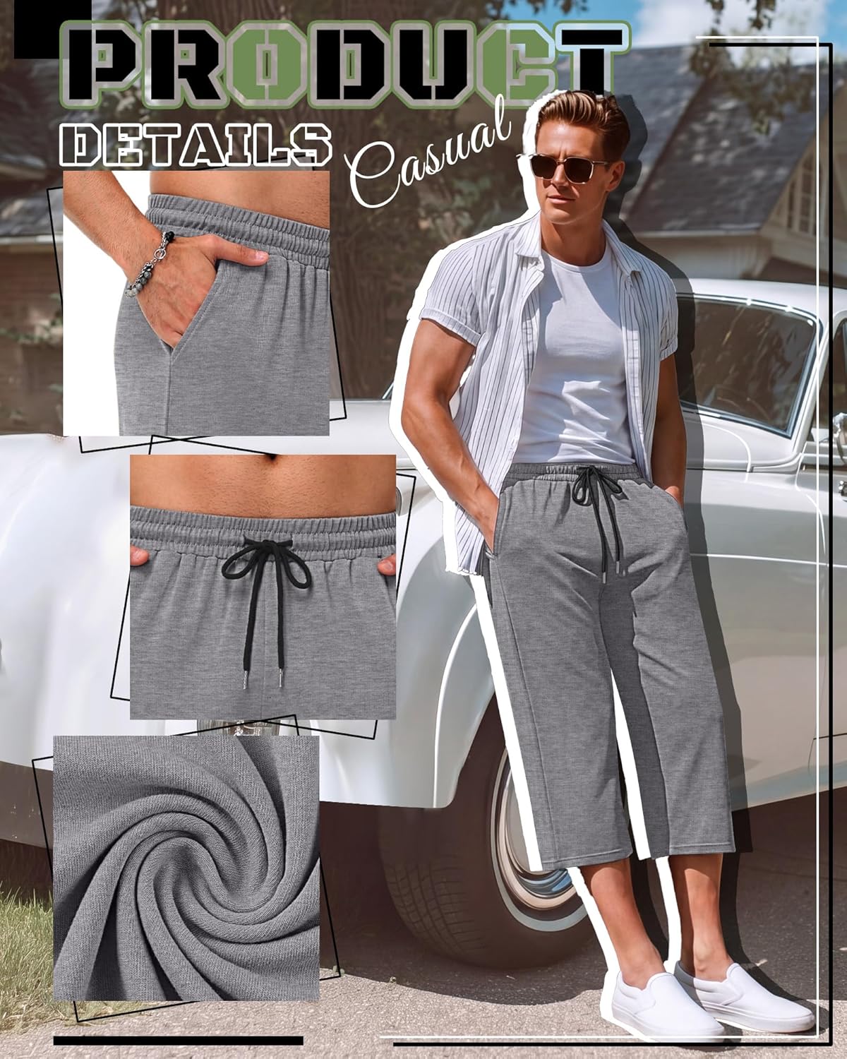 Neer 3 Pack Men's Baggy Capri Pants Plus Size Below Knee Casual 3/4 Shorts Big and Tall Summer Drawstring Pants with Pockets