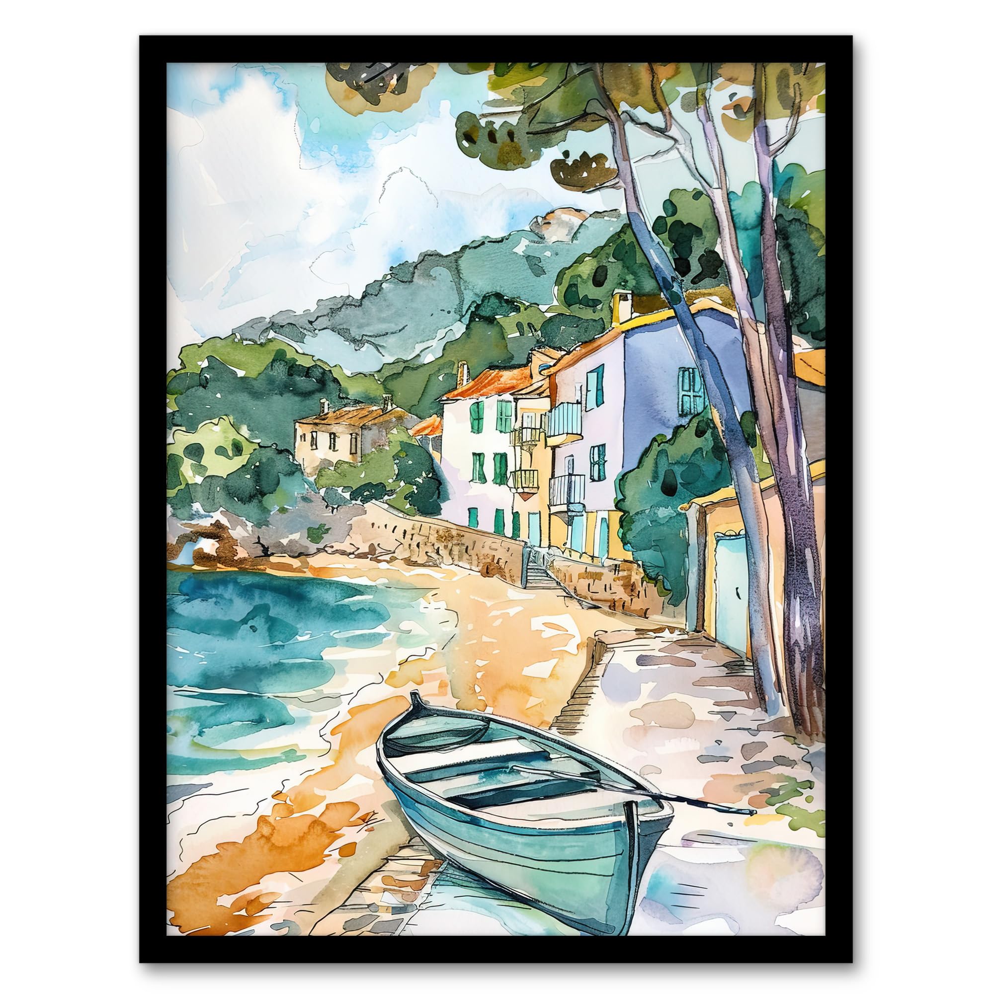 Artery8 Costa Brava Seaside Shore Boat Spain Watercolour Living Room Artwork Framed Wall Art Print A4